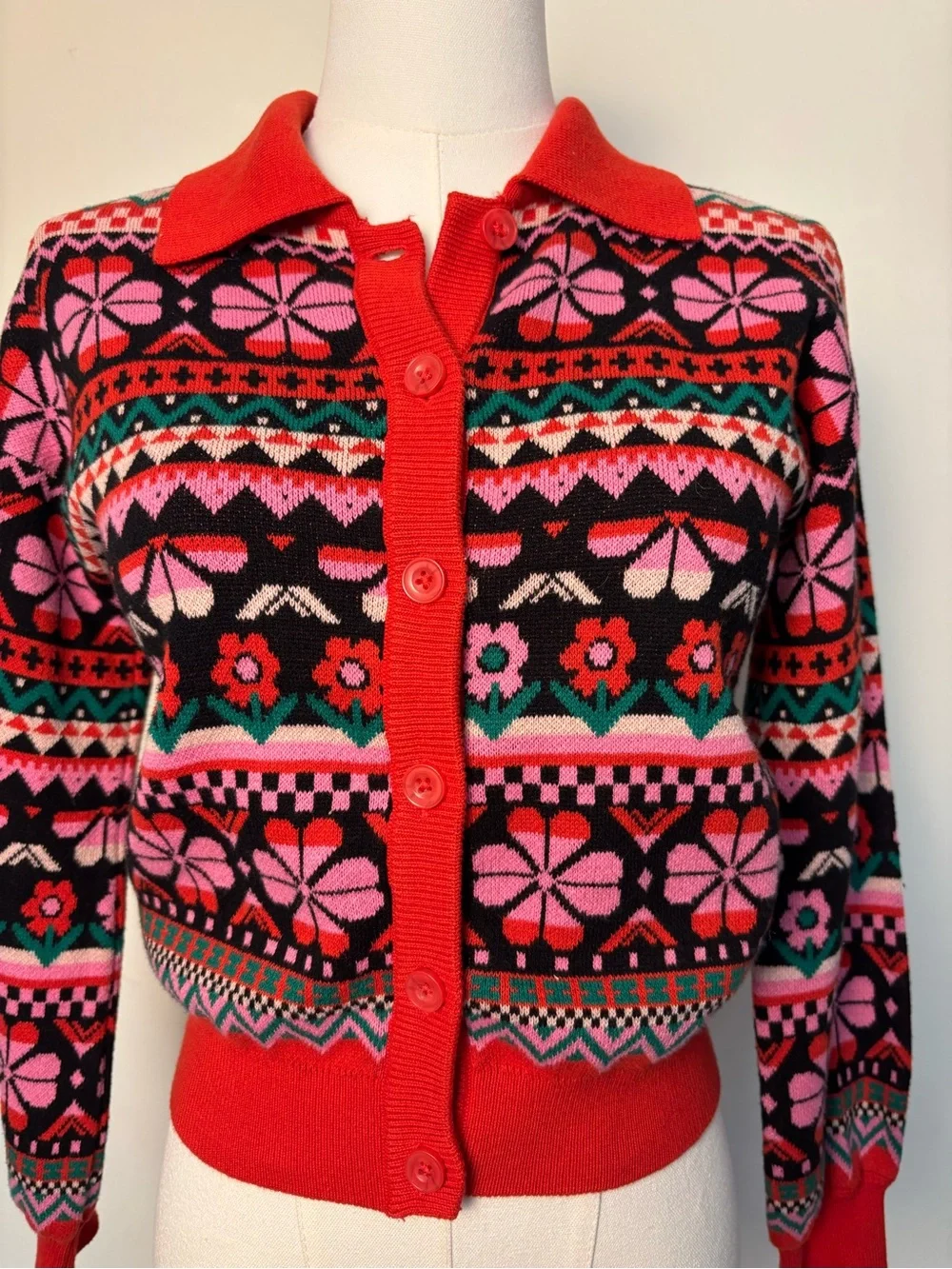 Hanna Anderson Red Floral Fair Isle Button-Up Girls Sweater Sz 10